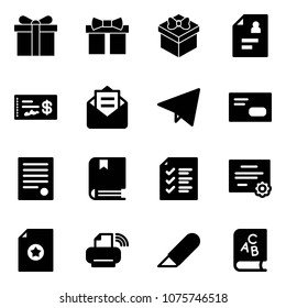 Solid vector icon set - gift vector, patient card, check, opened mail, paper fly, envelope, agreement, book, list, certificate, printer wireless, work knife, abc