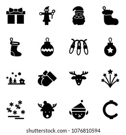 Solid vector icon set - gift vector, santa claus, christmas sock, ball, garland, landscape, gloves, deer, firework, sale, hat, elf, cent