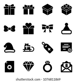 Solid vector icon set - gift vector, bow, christmas hat, sleigh, medical label, certificate, diamond, ring, mail dollar