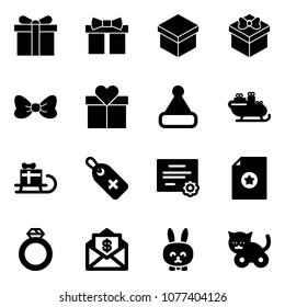 Solid vector icon set - gift vector, bow, christmas hat, santa sleigh, medical label, certificate, diamond ring, mail dollar, toy rabbit, cat