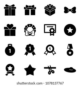 Solid vector icon set - gift vector, bow, christmas wreath, certificate, star medal, gold, opening, woman hat