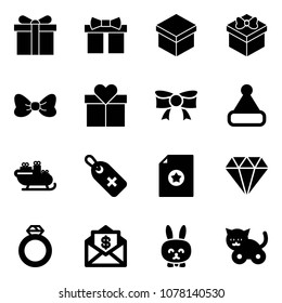 Solid vector icon set - gift vector, bow, christmas hat, santa sleigh, medical label, certificate, diamond, ring, mail dollar, toy rabbit, cat