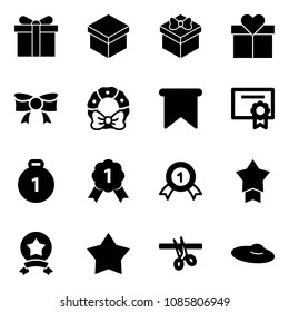 Solid vector icon set - gift vector, bow, christmas wreath, flag, certificate, gold medal, star, opening, woman hat