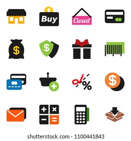 solid vector icon set - gift vector, credit card, dollar coin, money bag, closed, store, buy, barcode, reader, basket, calculator, mail, coupon, shield, package