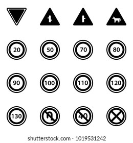 Solid Vector Icon Set - Giving Way Vector Road Sign, Intersection, Cow, Speed Limit 20, 50, 70, 80, 90, 100, 110, 120, 130, No Turn Back, End Minimal, Stop