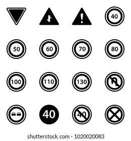 Solid vector icon set - giving way vector road sign, intersection, attention, speed limit 40, 50, 60, 70, 80, 100, 110, 130, no turn back, overtake, minimal, end, stop