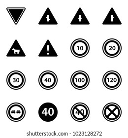 Solid vector icon set - giving way vector road sign, intersection, cow, attention, speed limit 10, 20, 30, 40, 100, 120, no overtake, minimal, end, stop