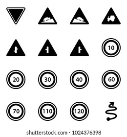 Solid vector icon set - giving way vector road sign, climb, steep descent, tractor, intersection, speed limit 10, 20, 30, 40, 60, 70, 110, 120, trip