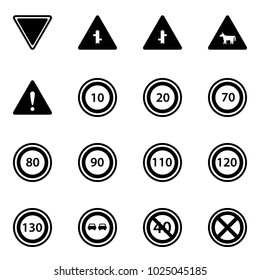 Solid vector icon set - giving way vector road sign, intersection, cow, attention, speed limit 10, 20, 70, 80, 90, 110, 120, 130, no overtake, end minimal, stop
