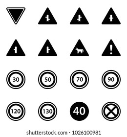 Solid vector icon set - giving way vector road sign, intersection, cow, attention, speed limit 30, 50, 70, 90, 120, 130, minimal, no stop
