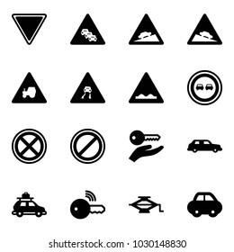 Solid vector icon set - giving way vector road sign, multi lane traffic, climb, steep descent, tractor, slippery, rough, no overtake, stop, parking, key hand, limousine, car baggage, wireless, jack