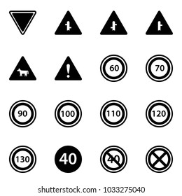 Solid vector icon set - giving way vector road sign, intersection, cow, attention, speed limit 60, 70, 90, 100, 110, 120, 130, minimal, end, no stop