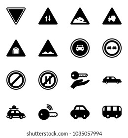 Solid vector icon set - giving way vector road sign, oncoming traffic, steep descent, tractor, tunnel, rough, no car, overtake, parking, even, key hand, limousine, baggage, wireless, toy bus