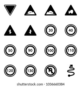 Solid vector icon set - giving way vector road sign, climb, steep descent, tractor, intersection, speed limit 30, 40, 50, 90, 100, 110, 120, 130, no turn back, trip