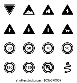 Solid vector icon set - giving way vector road sign, climb, tractor, intersection, cow, speed limit 30, 50, 70, 90, 120, 130, no turn back, trip