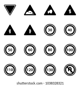 Solid vector icon set - giving way vector road sign, steep descent, tractor, intersection, speed limit 30, 40, 50, 60, 80, 100, 110, 120, 130, no turn back