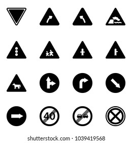 Solid vector icon set - giving way vector road sign, turn right, left, embankment, traffic light, children, intersection, cow, only forward, detour, end speed limit, overtake, no stop