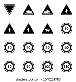 Solid vector icon set - giving way vector road sign, climb, steep descent, intersection, cow, speed limit 10, 30, 40, 50, 60, 80, 90, 100, 110