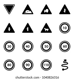 Solid vector icon set - giving way vector road sign, climb, tractor, intersection, cow, speed limit 10, 30, 40, 50, 60, 80, 90, 110, trip