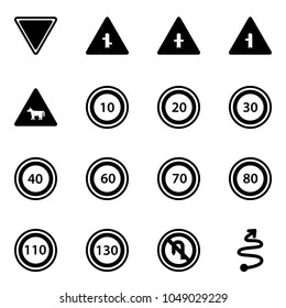 Solid vector icon set - giving way vector road sign, intersection, cow, speed limit 10, 20, 30, 40, 60, 70, 80, 110, 130, no turn back, trip