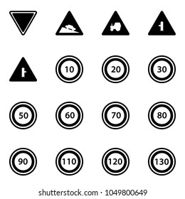 Solid vector icon set - giving way vector road sign, steep descent, tractor, intersection, speed limit 10, 20, 30, 50, 60, 70, 80, 90, 110, 120, 130