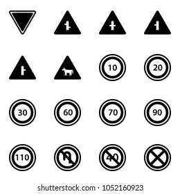 Solid Vector Icon Set - Giving Way Vector Road Sign, Intersection, Cow, Speed Limit 10, 20, 30, 60, 70, 90, 110, No Turn Back, End Minimal, Stop