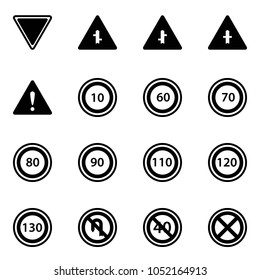 Solid vector icon set - giving way vector road sign, intersection, attention, speed limit 10, 60, 70, 80, 90, 110, 120, 130, no turn back, end minimal, stop