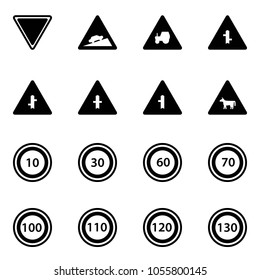 Solid vector icon set - giving way vector road sign, climb, tractor, intersection, cow, speed limit 10, 30, 60, 70, 100, 110, 120, 130