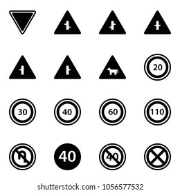Solid vector icon set - giving way vector road sign, intersection, cow, speed limit 20, 30, 40, 60, 110, no turn back, minimal, end, stop