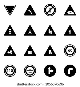 Solid vector icon set - giving way vector road sign, turn left, no parkin odd, climb, traffic light, pedestrian, intersection, railway, narrows, speed limit 60, 110, tax peage, only forward right