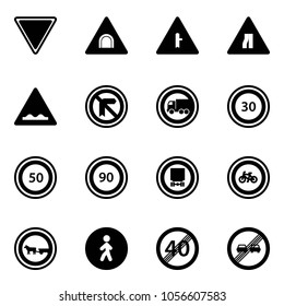 Solid vector icon set - giving way vector road sign, tunnel, intersection, narrows, rough, no truck, speed limit 30, 50, 90, dangerous cargo, bike, cart horse, pedestrian, end, overtake
