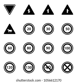 Solid vector icon set - giving way vector road sign, intersection, cow, speed limit 20, 30, 50, 60, 80, 90, 100, 120, 130, end minimal, no stop
