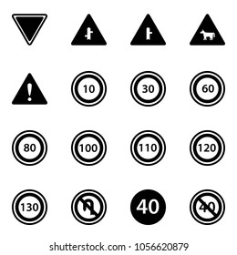 Solid vector icon set - giving way vector road sign, intersection, cow, attention, speed limit 10, 30, 60, 80, 100, 110, 120, 130, no turn back, minimal, end
