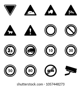Solid vector icon set - giving way vector road sign, climb, tractor, side wind, cow, attention, prohibition, limited height, no truck, speed limit 10, 30, 50, 80, end overtake, surveillance camera
