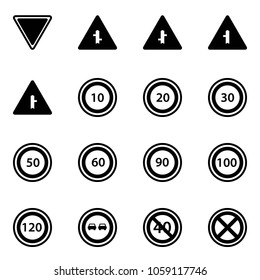 Solid vector icon set - giving way vector road sign, intersection, speed limit 10, 20, 30, 50, 60, 90, 100, 120, no overtake, end minimal, stop