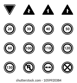 Solid vector icon set - giving way vector road sign, intersection, speed limit 20, 30, 40, 50, 60, 100, 110, 120, 130, no turn back, overtake, stop