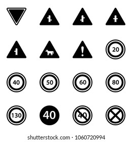 Solid vector icon set - giving way vector road sign, intersection, cow, attention, speed limit 20, 40, 50, 60, 80, 130, minimal, end, no stop