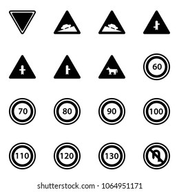 Solid vector icon set - giving way vector road sign, climb, steep descent, intersection, cow, speed limit 60, 70, 80, 90, 100, 110, 120, 130, no turn back