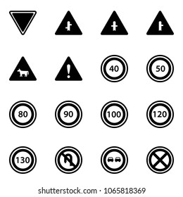 Solid vector icon set - giving way vector road sign, intersection, cow, attention, speed limit 40, 50, 80, 90, 100, 120, 130, no turn back, overtake, stop