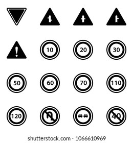 Solid vector icon set - giving way vector road sign, intersection, attention, speed limit 10, 20, 30, 50, 60, 70, 110, 120, no turn back, overtake, end minimal
