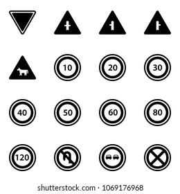 Solid vector icon set - giving way vector road sign, intersection, cow, speed limit 10, 20, 30, 40, 50, 60, 80, 120, no turn back, overtake, stop