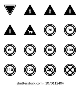 Solid vector icon set - giving way vector road sign, intersection, cow, speed limit 20, 30, 60, 70, 80, 100, 110, 120, end minimal, no stop
