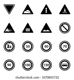 Solid vector icon set - giving way vector road sign, steep descent, traffic light, pedestrian, gravel, railway intersection, rough, prohibition, limited height, speed limit 50, 60, 70, 90, 100, 130