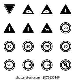 Solid vector icon set - giving way vector road sign, climb, steep descent, intersection, cow, speed limit 20, 30, 50, 70, 80, 90, 110, 130, no turn back