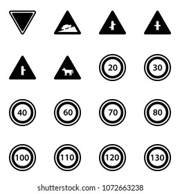 Solid vector icon set - giving way vector road sign, climb, intersection, cow, speed limit 20, 30, 40, 60, 70, 80, 100, 110, 120, 130