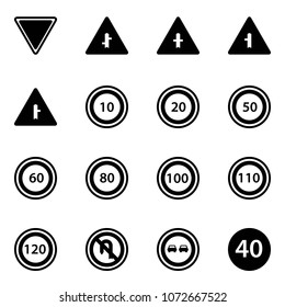 Solid vector icon set - giving way vector road sign, intersection, speed limit 10, 20, 50, 60, 80, 100, 110, 120, no turn back, overtake, minimal