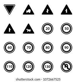Solid vector icon set - giving way vector road sign, tractor, intersection, cow, speed limit 20, 50, 60, 70, 80, 90, 110, 120, 130, no turn back