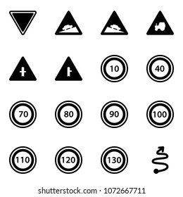 Solid vector icon set - giving way vector road sign, climb, steep descent, tractor, intersection, speed limit 10, 40, 70, 80, 90, 100, 110, 120, 130, trip