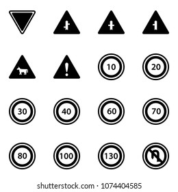 Solid vector icon set - giving way vector road sign, intersection, cow, attention, speed limit 10, 20, 30, 40, 60, 70, 80, 100, 130, no turn back