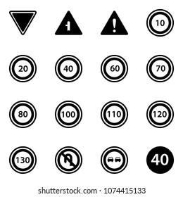 Solid vector icon set - giving way vector road sign, intersection, attention, speed limit 10, 20, 40, 60, 70, 80, 100, 110, 120, 130, no turn back, overtake, minimal